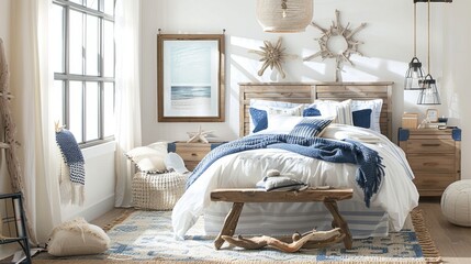 A coastal bedroom with nautical decor, ocean-inspired hues, and driftwood accents, bringing the beach indoors.