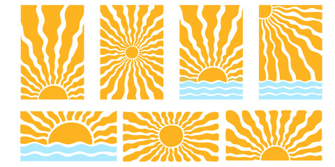 Groovy retro abstract sun backgrounds. Vector illustration.