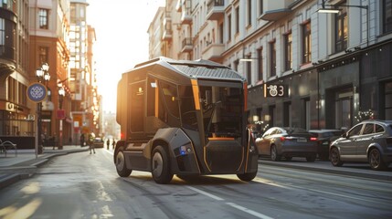 A modern waste collection vehicle with robotic arms, showcasing sleek industrial design in a bustling urban street, emphasizing efficiency and innovation.