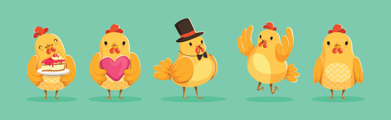 Wall Mural - Funny Chicken Bird Engaged in Different Activity Vector Set