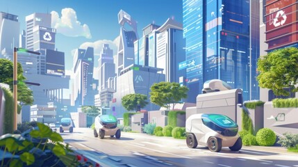 Wall Mural - A futuristic cityscape with smart waste bins and autonomous collection vehicles, set in a clean, vibrant urban environment, emphasizing innovation and smart city concepts.
