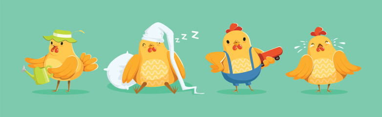 Poster - Funny Chicken Bird Engaged in Different Activity Vector Set