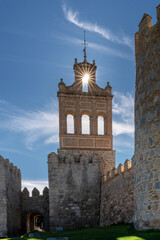 Sticker - vertical view of the Avila city walls and the Puerta del Carmen with a sunstar