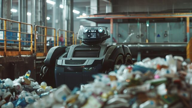 A futuristic waste sorting robot in action, set in a high-tech recycling facility, showcasing the latest in robotics technology and efficiency. 