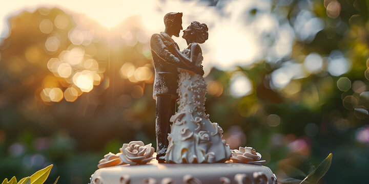 A bride and groom figurine on top of a wedding cake ,Eternal Bond CloseUp of Figurine Couple on Wedding Cake on Isolated Background

