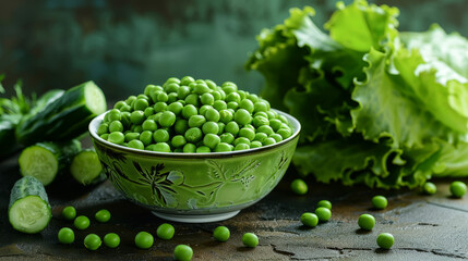 Wall Mural - A bowl of fresh green peas sits among crisp lettuce leaves and cucumber slices, showcasing a vibrant, healthy assortment of vegetables.