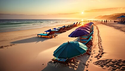 Wall Mural - sandy beach with sun loungers and umbrellas at dawn