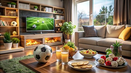 Cozy living room setting with soccer-themed decorations, snacks, and drinks, featuring a large screen tv displaying a soccer match, capturing the excitement of game day.