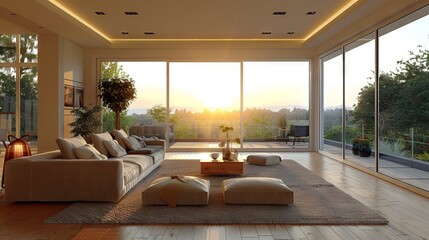 Wall Mural - Spacious Living Room with Panoramic View and Sunset Lighting