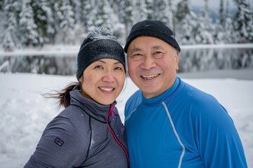 Wall Mural - Portrait of a glad asian couple in their 40s wearing a moisture-wicking running shirt isolated in backdrop of a frozen winter lake