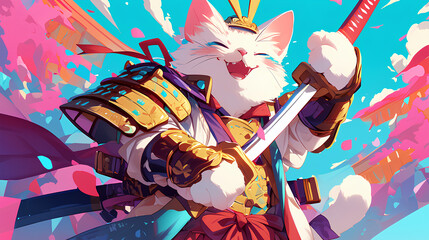 Wall Mural - Cute cat mascot wearing Japanese samurai clothes