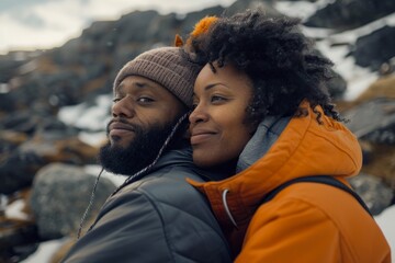Wall Mural - Portrait of a blissful afro-american couple in their 40s sporting a comfortable hoodie isolated on backdrop of an arctic landscape