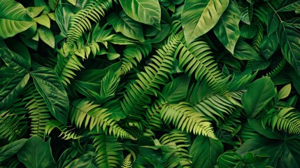 Wall Mural - Abstract background of overlapping fern leaves, showcasing rich green textures and patterns