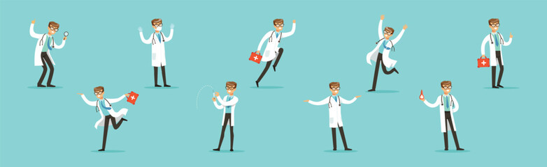 Wall Mural - Man Doctor Character in White Coat with Stethoscope in Different Pose Vector Set