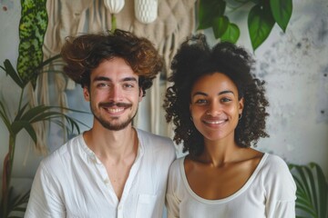 Sticker - Portrait of a cheerful multiethnic couple in their 20s wearing a classic white shirt isolated in serene meditation room