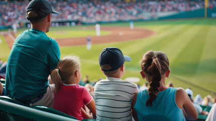 A family, consisting of children and a parent, watches a baseball game from the stands, capturing the essence of a shared pastime.