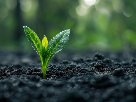 Close-up of a young green plant sprouting from rich soil, symbolizing growth, vitality, and new beginnings, with a blurred natural background.