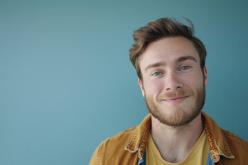 A close up portrait of a young man with a subtle smile