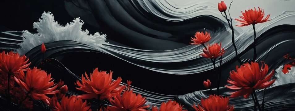 Dive into Asian aesthetics with abstract ink painting of red flowers and black waves.