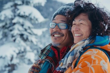 Wall Mural - Portrait of a joyful mixed race couple in their 40s sporting a breathable mesh jersey isolated in pristine snowy mountain