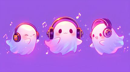 Wall Mural - cute white ghost listening to simple background music