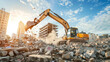 © VK Studio - An excavator demolishes a building in an urban area, with rubble, dust, and sunlight creating a dramatic scene of construction activity.