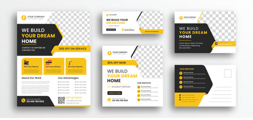 Construction marketing collateral set. Included Construction flyer design, Social media banner design, web banner design, post card design. Print template layout design vector.
