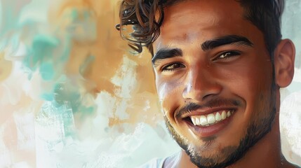 handsome young hispanic man with lucky smile confident and photogenic portrait illustration digital painting