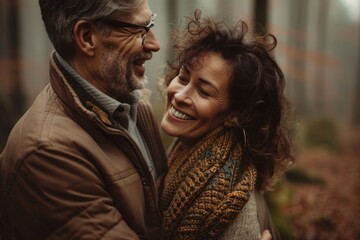 Poster - Portrait of a joyful couple in their 40s wearing a chic cardigan while standing against backdrop of a mystical forest