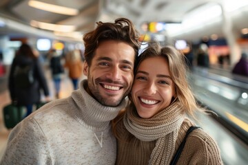 Wall Mural - Portrait of a happy couple in their 20s wearing a classic turtleneck sweater in bustling airport terminal