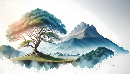 Wall Mural - Field and tree landscape in morning, natural colors, watercolor painting art, on digital art concept, Generative AI.