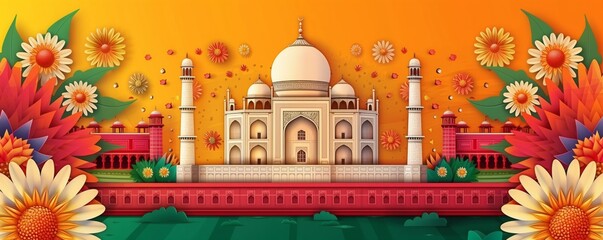 Wall Mural - Banner with the Taj Mahal and Indian Parliament, decorated with colorful flowers