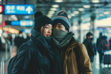 Wall Mural - Portrait of a blissful asian couple in their 20s wearing a protective neck gaiter isolated on bustling airport terminal