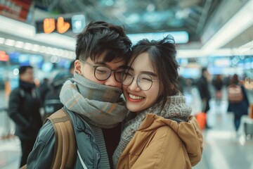Wall Mural - Portrait of a blissful asian couple in their 20s wearing a protective neck gaiter isolated on bustling airport terminal