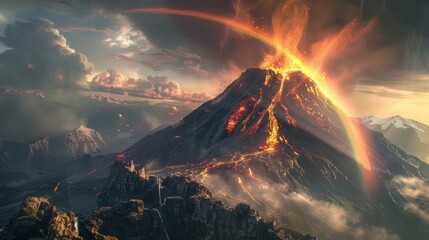 Wall Mural - A majestic shot of a volcano erupting with a rainbow visible in the background, juxtaposing beauty and destruction.