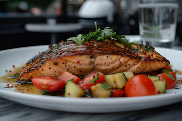 Wall Mural - Grilled salmon steak served on a plate with a side of fresh vegetables for a healthy meal.