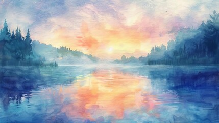 Wall Mural - majestic sunrise reflecting on calm river surface misty landscape watercolor painting