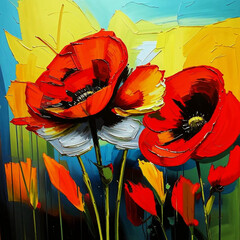 Poppy flowers background. Oil illustration in grunge texture expressionist style on canvas