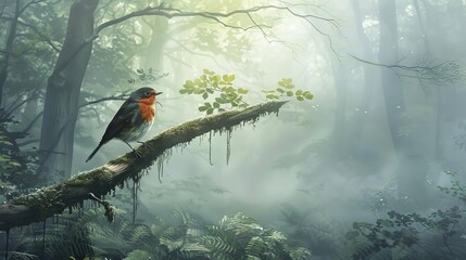 Poster - misty woodland with redstart bird perched on branch digital nature painting