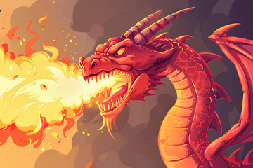 Wall Mural - fire dragon, angry dragon, scary dragon, vector, cartoon style, 3d rendering, 2d