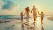 © Evodigger - Happy parents and kids play outdoor by sea water on tropical holiday,summer vacation concept.