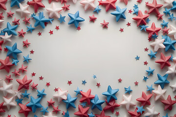 3D image with red, white, and blue stars creating a border around a blank frame for product display or mock-up, suitable for 4th of July or Memorial Day promotions