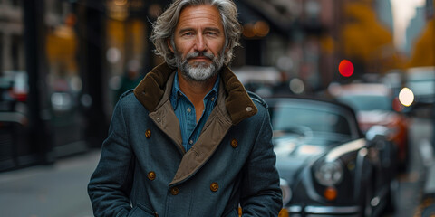 Sticker - A confident, stylish businessman poses beside his vintage car, radiating happiness and maturity on the city street