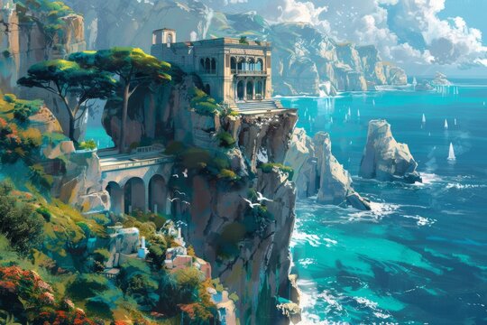 An awe-inspiring ancient structure standing tall on a cliff, gazing out over the shimmering turquoise sea below. Illustration.