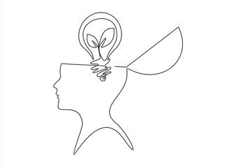 Wall Mural - Continuous one line drawing of head person and light bulb with pant. Concept banner for presentation, booklet, web site and other design projects. Mind layout.