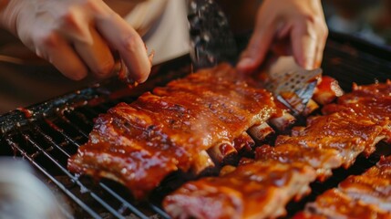 Wall Mural - A person marinating pork ribs in a flavorful sauce, preparing them for a delicious BBQ cookout.