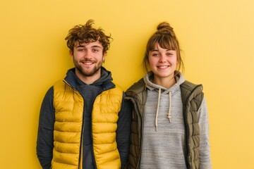 Wall Mural - Portrait of a glad caucasian couple in their 20s dressed in a thermal insulation vest isolated in pastel yellow background