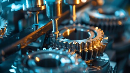 Wall Mural - Detailed shot of engine gear wheels with a focus on the teeth and cogs, under a microscope