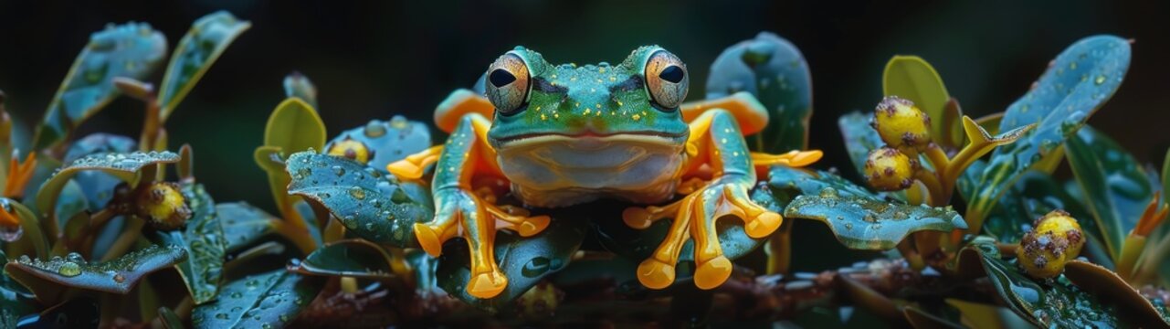 The gliding tree frog moves among branches by leaping and gliding with its webbed feet, a skill that helps it evade predators and seek food in the rainforest's many layers.