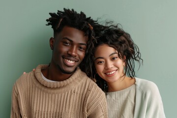 Wall Mural - Portrait of a satisfied mixed race couple in their 20s wearing a chic cardigan isolated on pastel green background